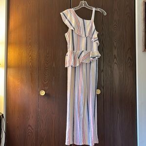 Habitual one shoulder, linen blend striped jumpsuit. Size 16